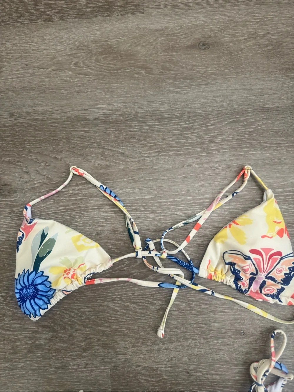 Floral Butterfly Triangle Bikini Set Cream Multicolor Tie Side Size Small